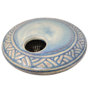 Vintage Studio Pottery Round Ikebana Vase w Flower Frog Blue Glaze Modern Signed